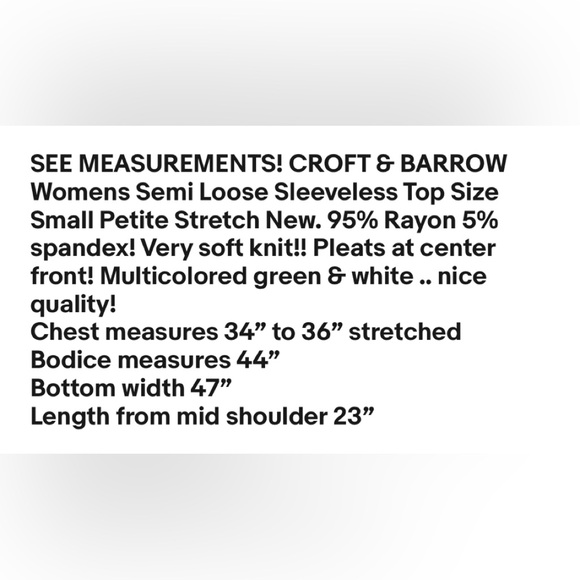 CROFT & BARROW Womens Semi Loose Sleeveless Top Size Small Petite Stretch New - Picture 9 of 9